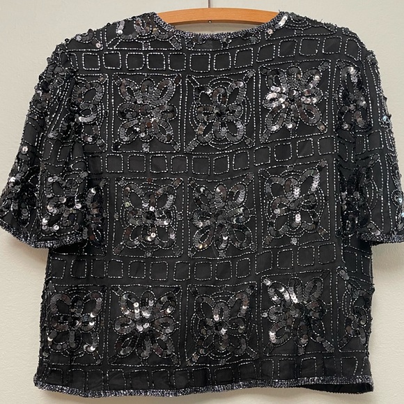 VINTAGE Patra Beaded Silk Blouse, Black Sz PM - Picture 2 of 7